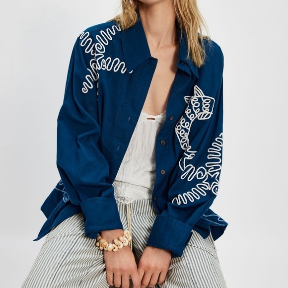 Free People Tops - #52 NWT Free People Tidal Stitch Shirt in Sailor Blue Combo